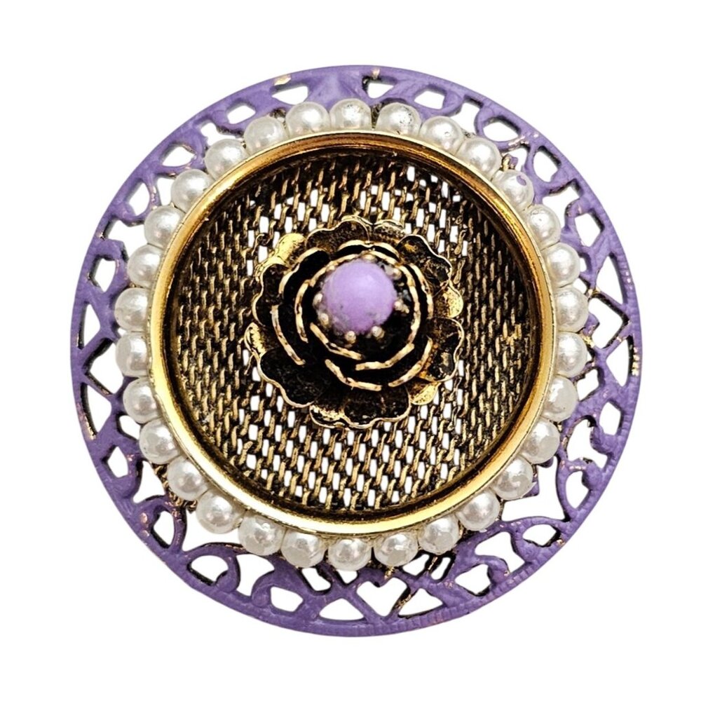 Gold Tone Faux Pearl Brooch, Round Purple Mesh Style Pin Pendant J405